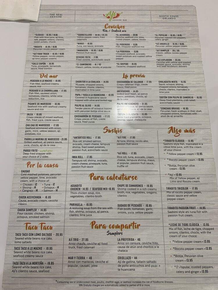 Aji Ceviche Bar - Orlando, FL menu_pic