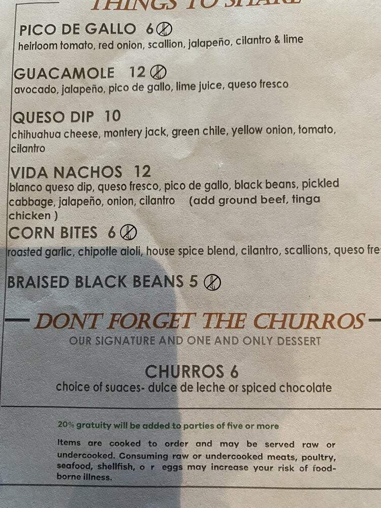 Vida Taco Bar - Baltimore, MD menu_pic