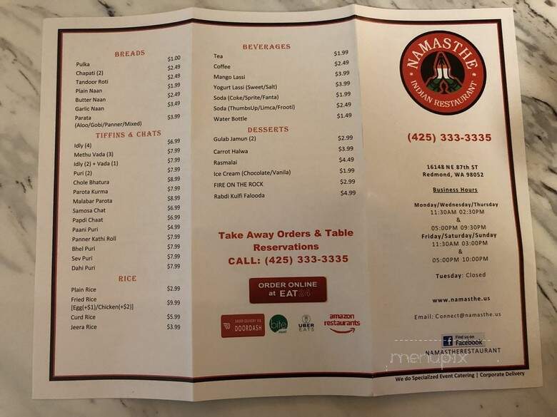 Namasthe Indian Restaurant - Redmond, WA menu_pic