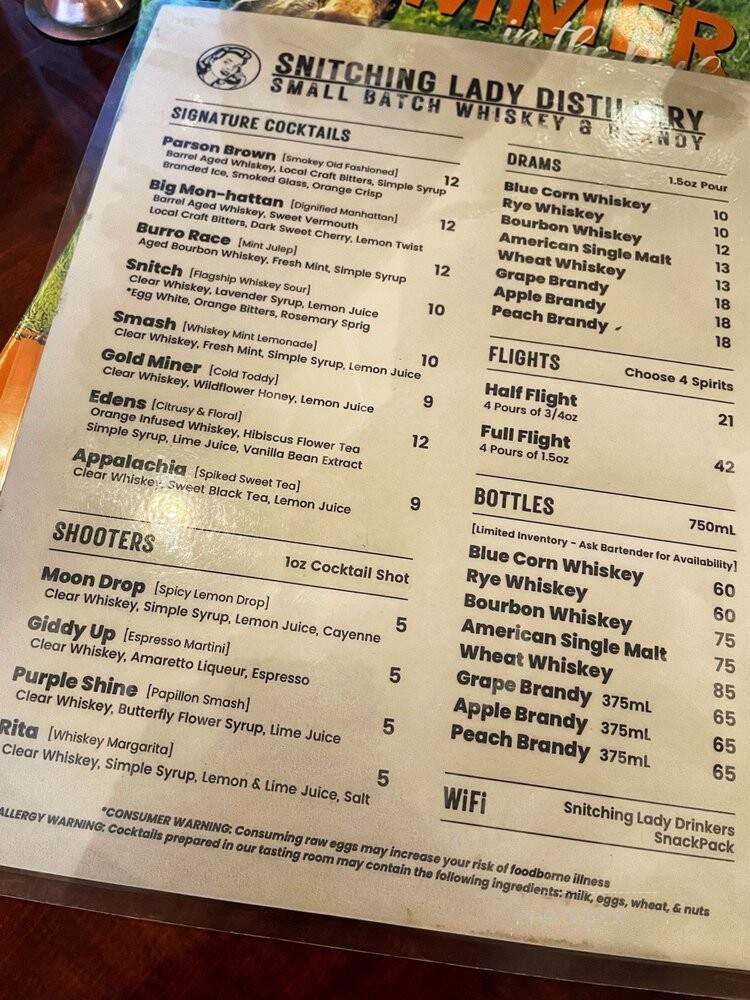 Snitching Lady Distillery - Fairplay, CO menu_pic