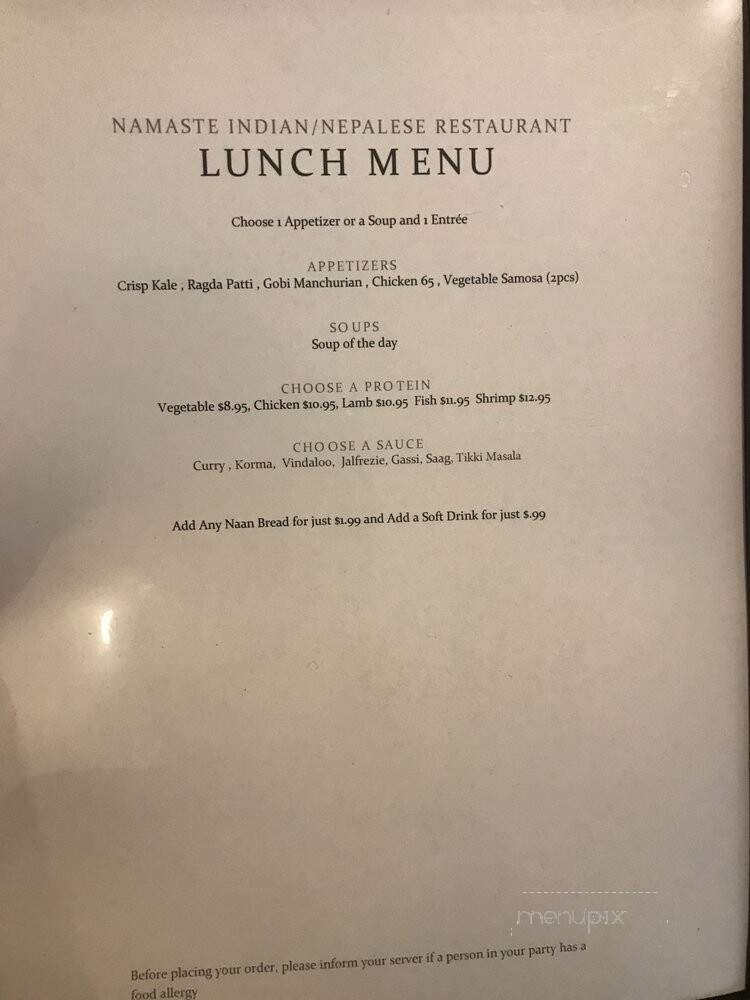 Namaste Indian/Nepalese Restaurant - Greenfield, MA menu_pic