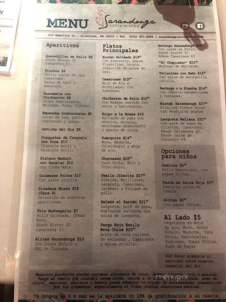 Sarandonga Latin Bistro - Allentown, PA menu_pic