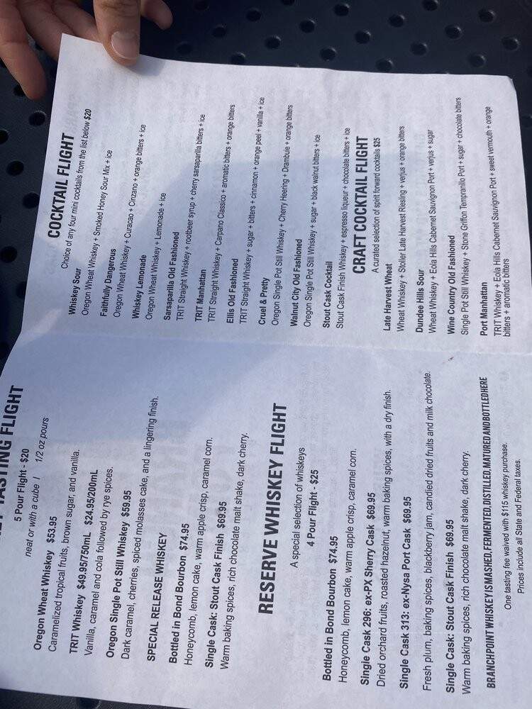 Branch Point Distillery - Dayton, OR menu_pic