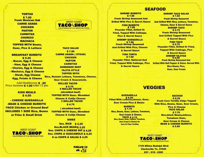 West Coast Taco Shop - Clarksville, TN menu_pic