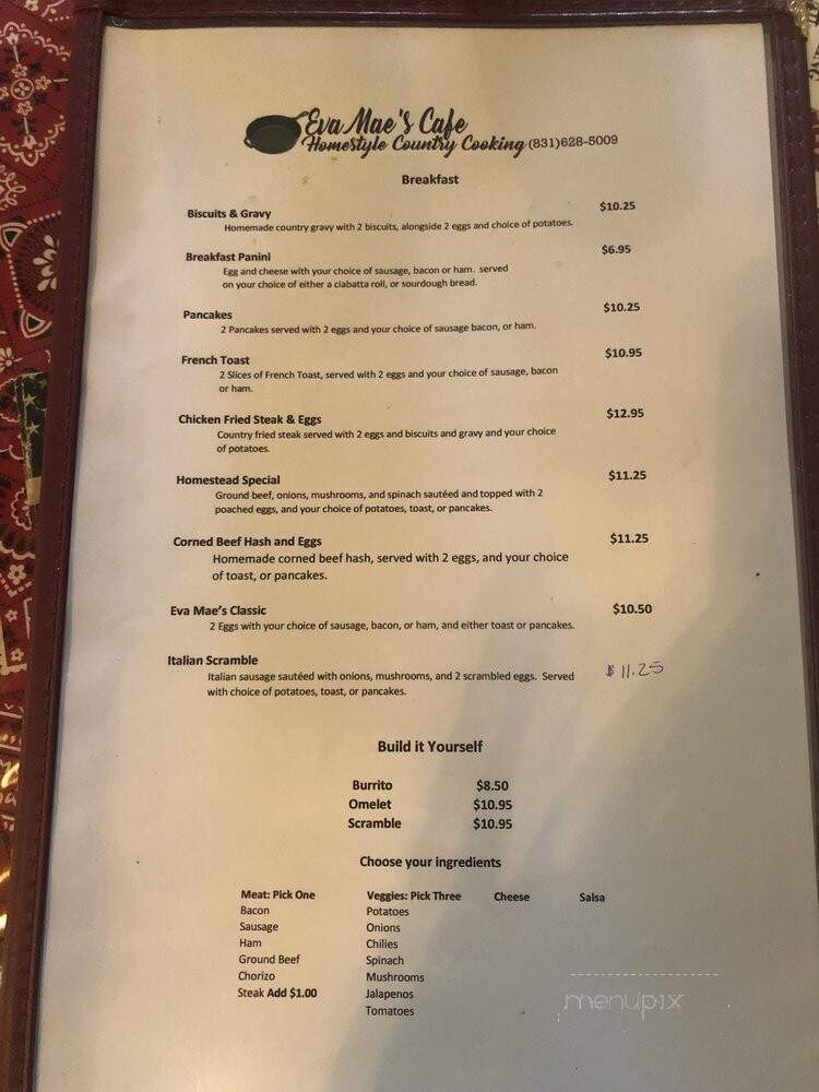 Eva Mae's Cafe - Tres Pinos, CA menu_pic