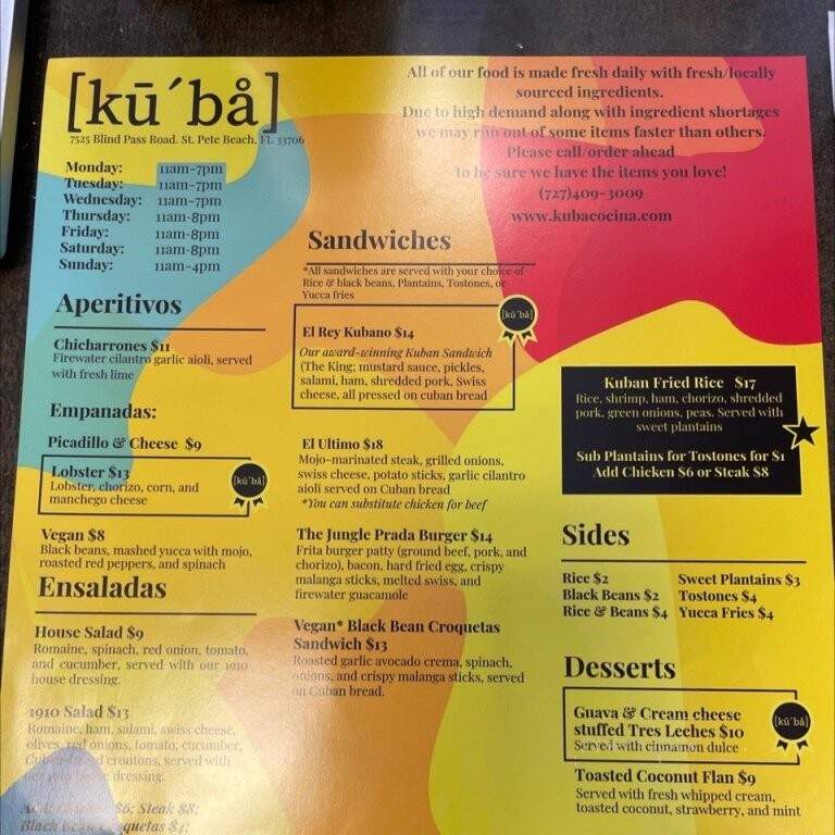 Hemingway's Modern Cuban Cuisine - Tampa, FL menu_pic