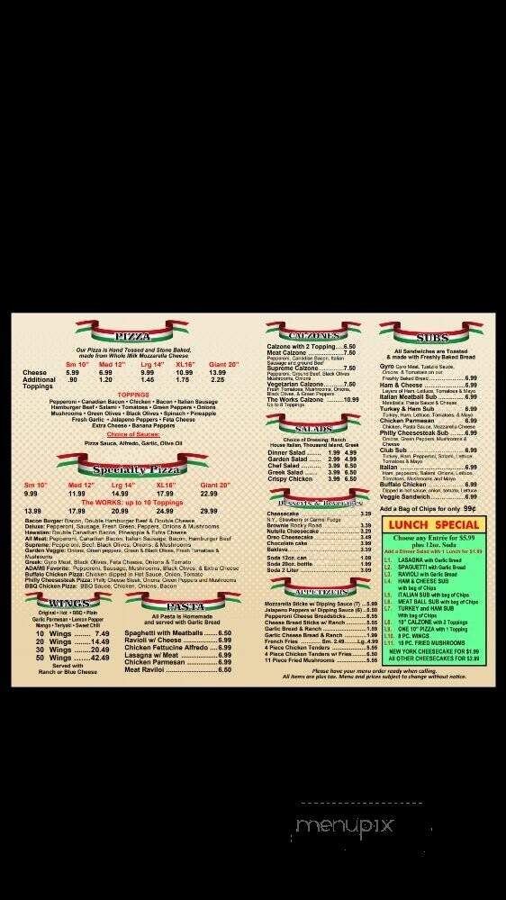 Adam's Pizza - San Antonio, TX menu_pic