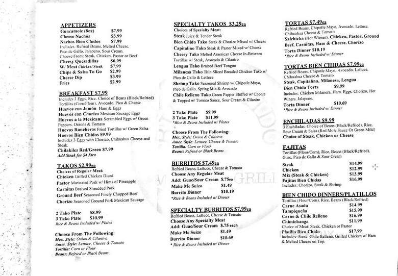 Bien Chido Mexican Grill - Schaumburg, IL menu_pic