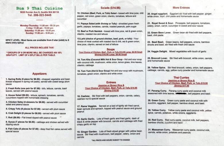 Bua 9 Thai Cuisine - Seattle, WA menu_pic