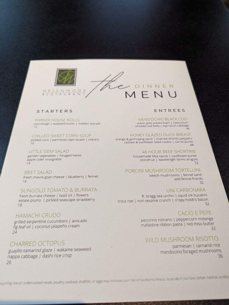 Greenwood Restaurant - Elk, CA menu_pic