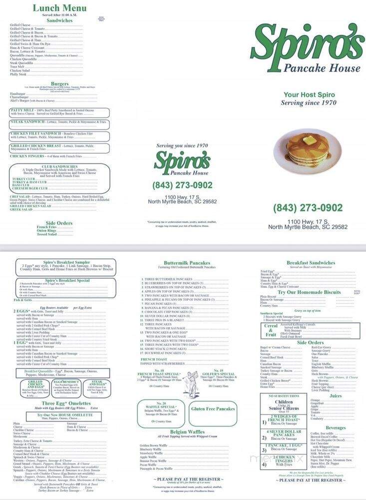 Spiros Pancake House - North Myrtle Beach, SC menu_pic