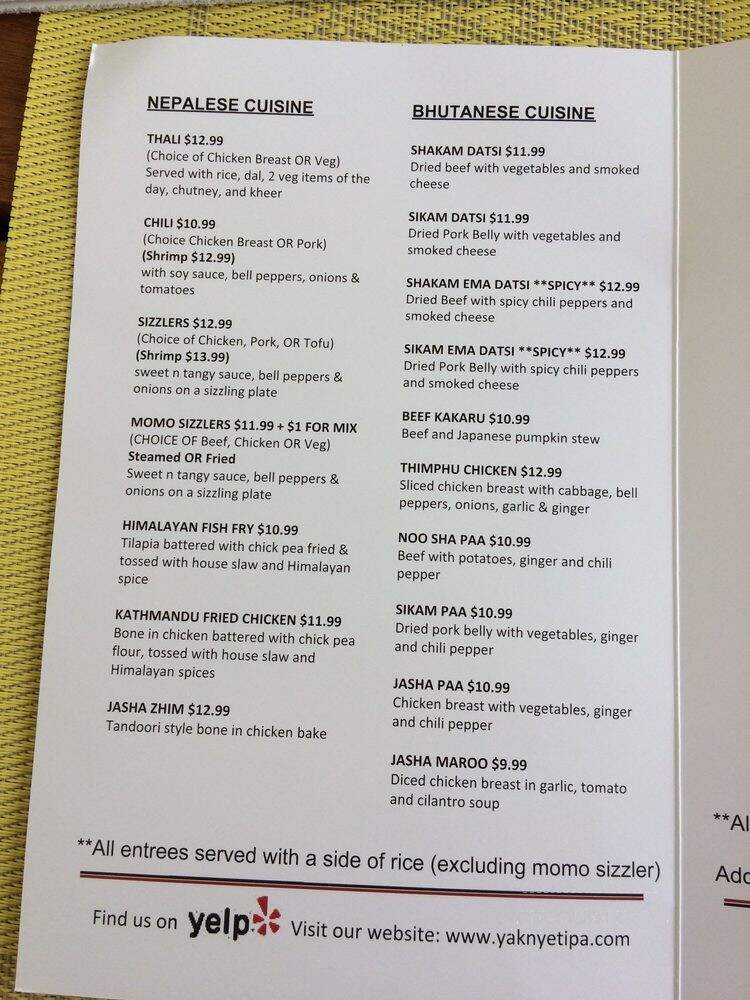 Yak n Yeti II - Carlisle, PA menu_pic