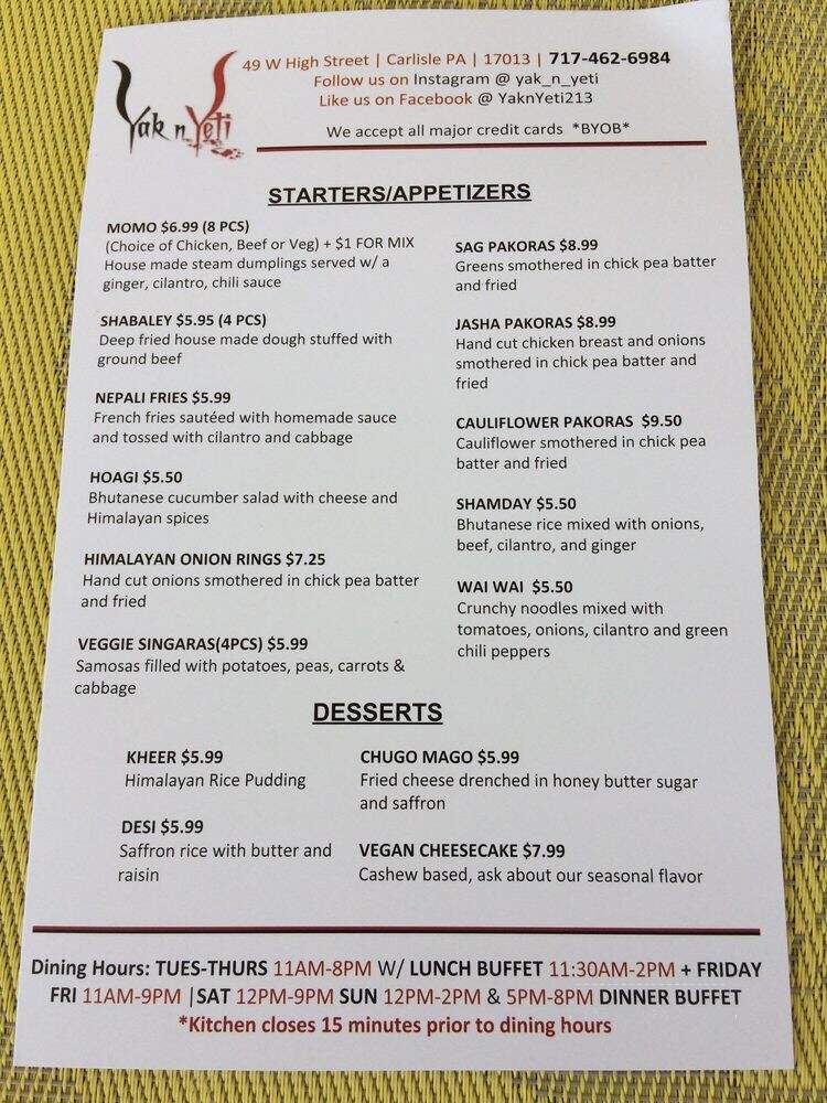 Yak n Yeti II - Carlisle, PA menu_pic