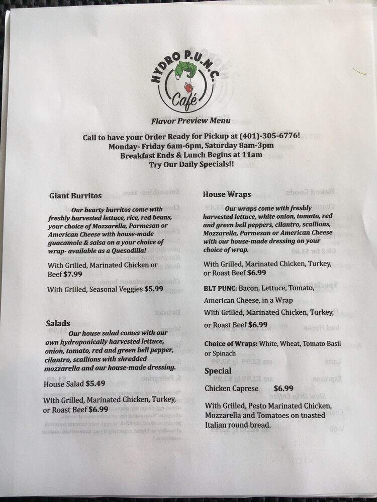 Hydro PUNC Cafe - Central Falls, RI menu_pic