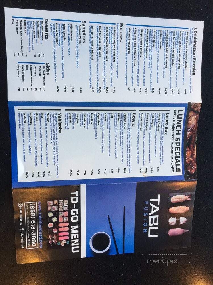 Tabu Sushi Bar & Grill - San Diego, CA menu_pic