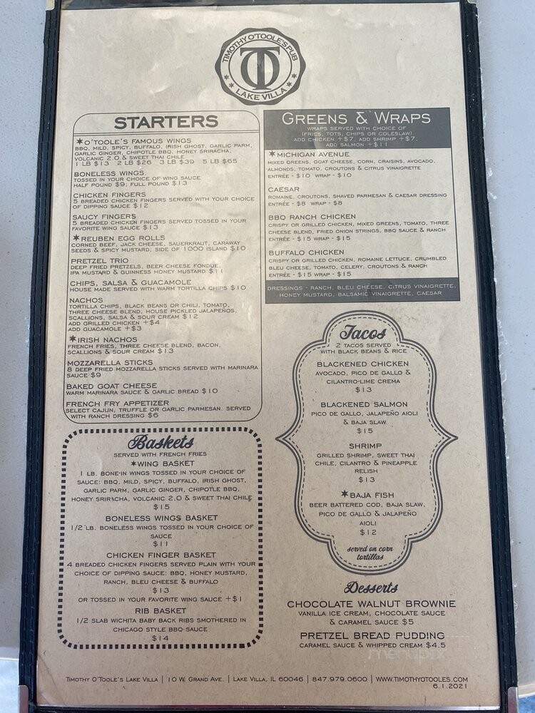 Timothy O'Toole's Pub - Lake Villa, IL menu_pic