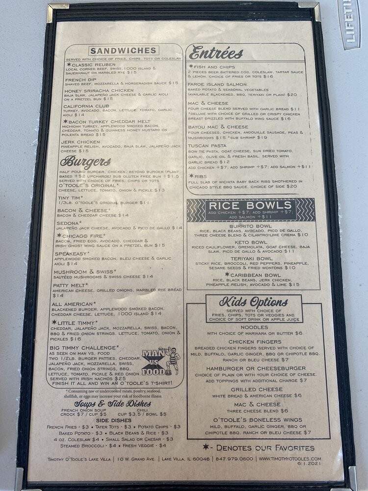 Timothy O'Toole's Pub - Lake Villa, IL menu_pic