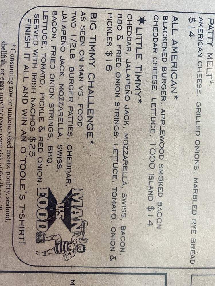 Timothy O'Toole's Pub - Lake Villa, IL menu_pic