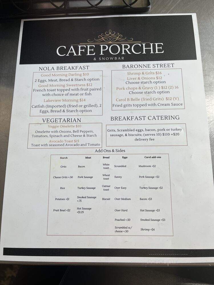 Cafe Porche and Snowbar - New Orleans, LA menu_pic