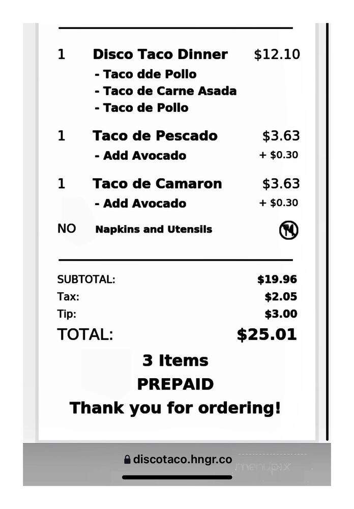 Disco Taco - Chicago, IL menu_pic
