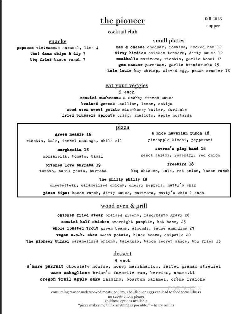 The Pioneer Cocktail Club - Tahoe City, CA menu_pic