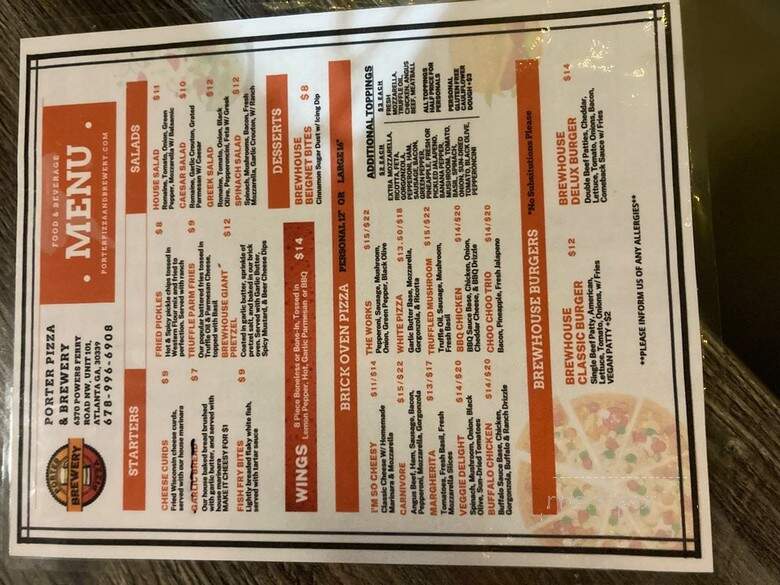 Porter Pizza Brewery - Sandy Springs, GA menu_pic