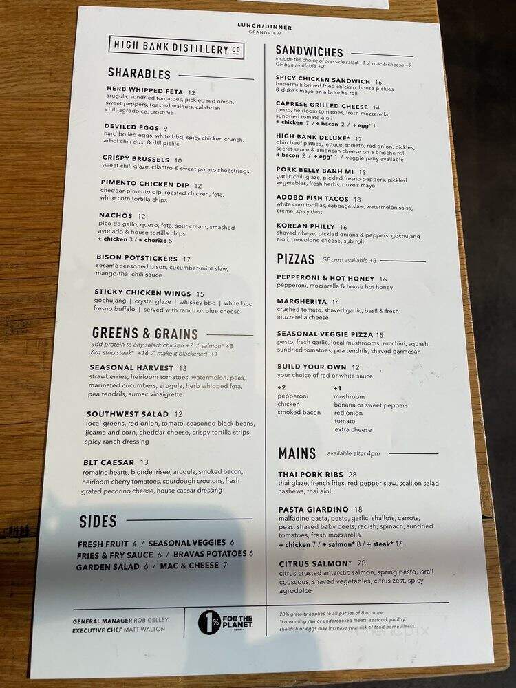 High Bank Distillery - Columbus, OH menu_pic