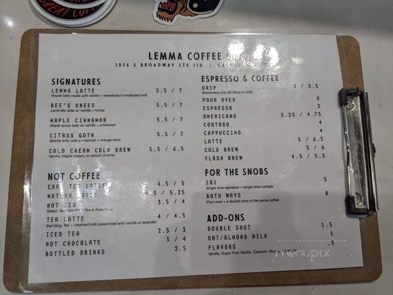 Online Menu of Lemma Coffee Roasters, Denton, TX