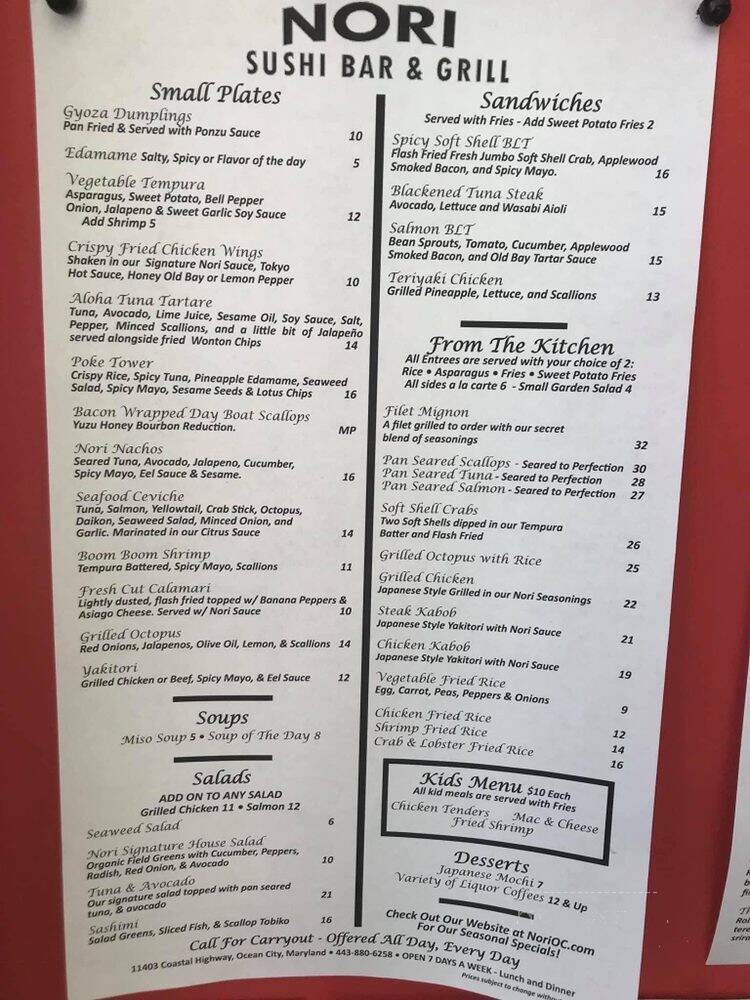 Nori Sushi Bar & Grill - Ocean City, MD menu_pic