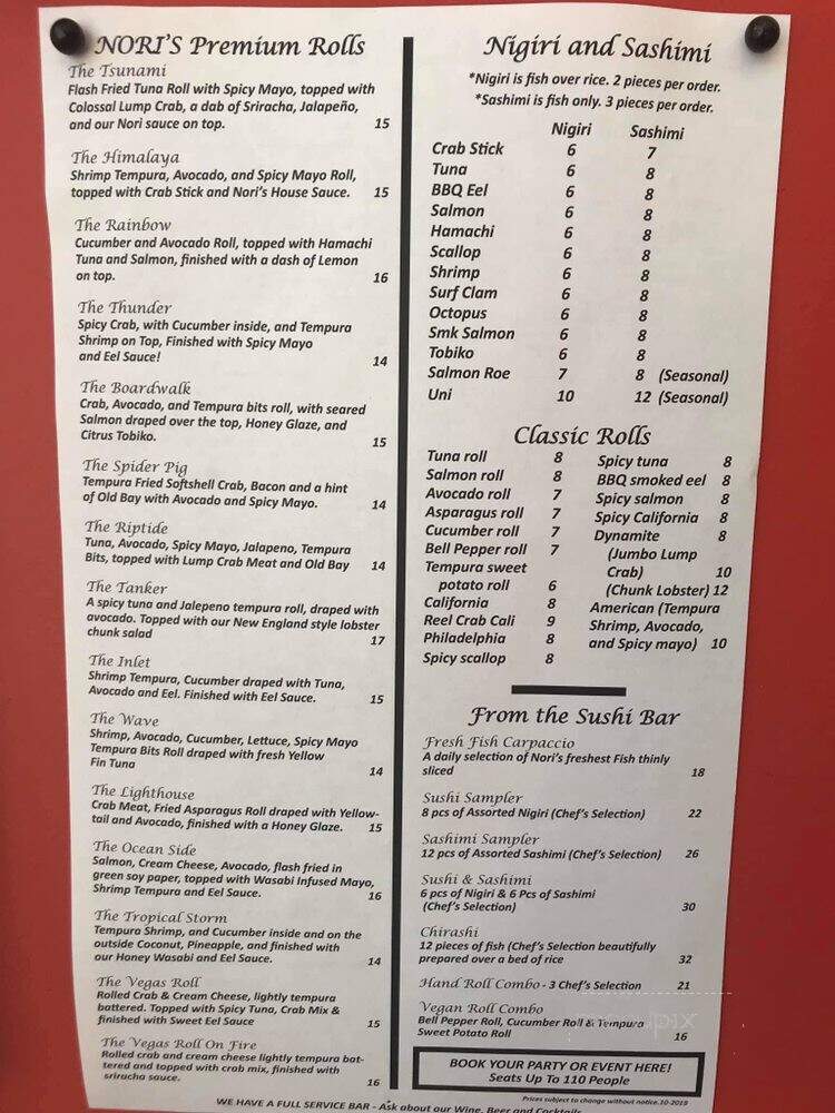 Nori Sushi Bar & Grill - Ocean City, MD menu_pic