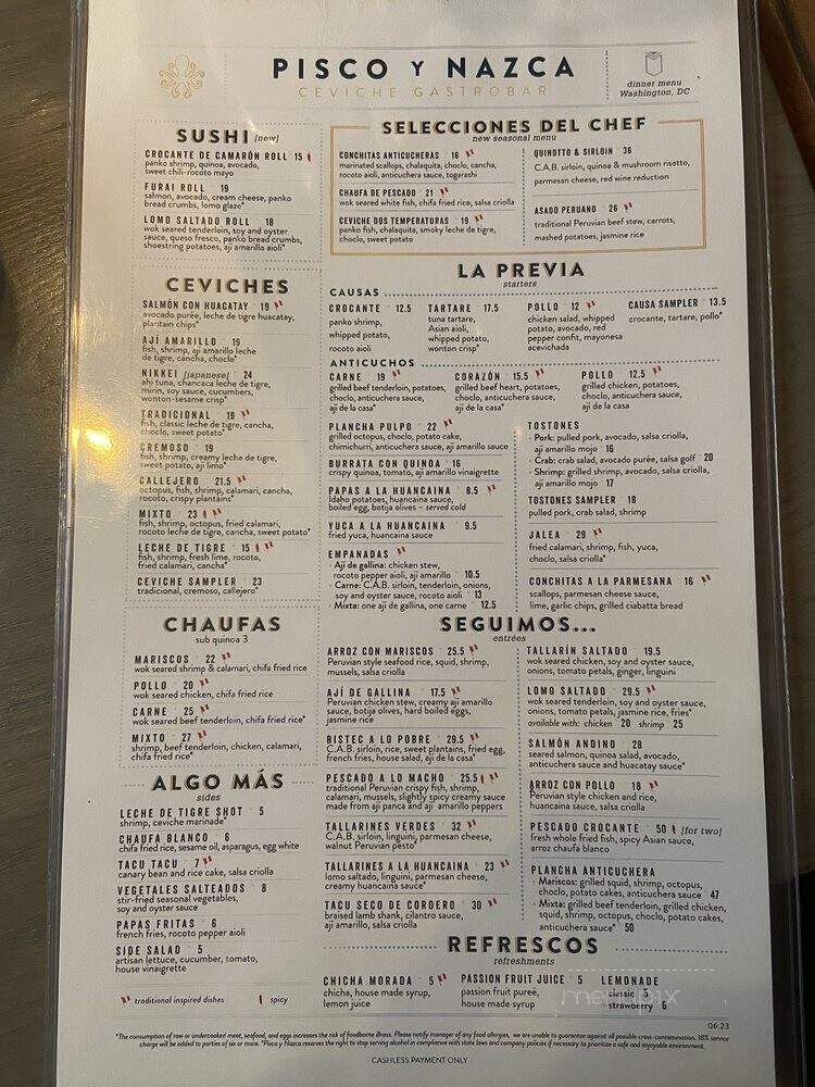 Pisco y Nazca Ceviche Gastrobar - Washington, DC menu_pic