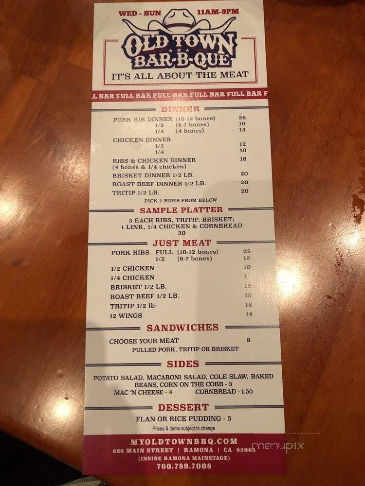 Old Town BBQ - Ramona, CA menu_pic