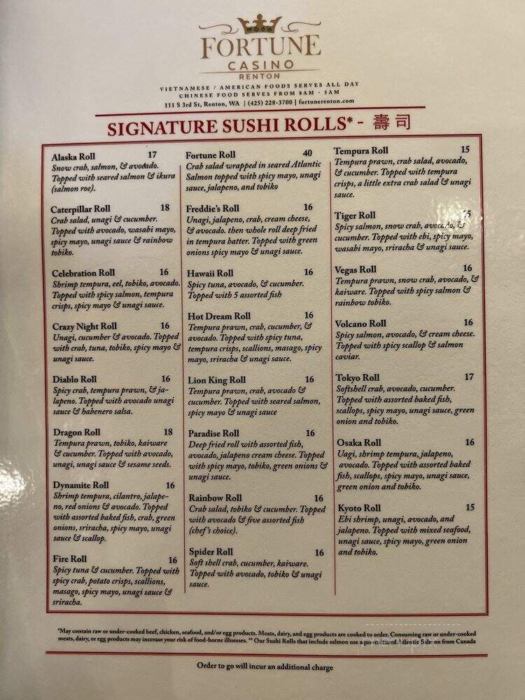 Freddie's Casino - Renton, WA menu_pic