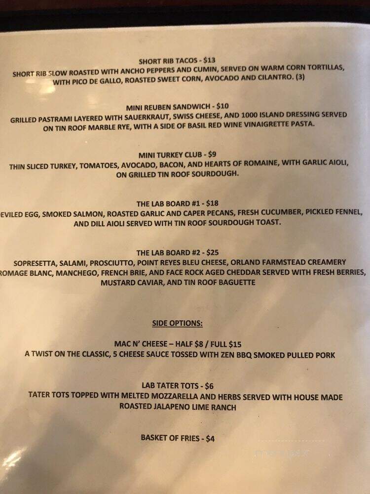 The Lab Bar And Grill - Chico, CA menu_pic