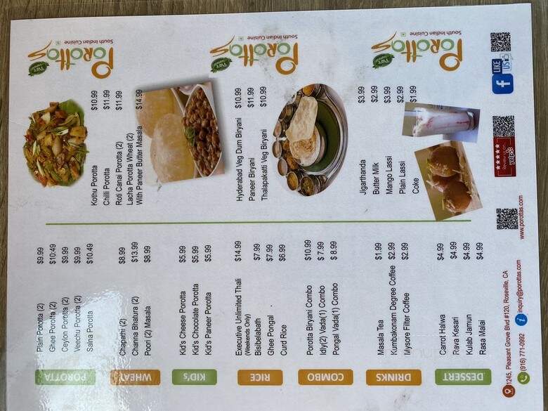 Porottas South Indian Cuisine - Roseville, CA menu_pic