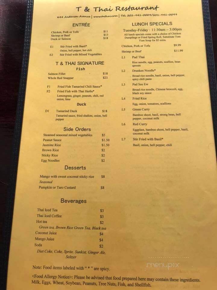 T & Thai Restaurant - Cliffside Park, NJ menu_pic