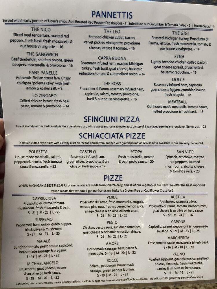 Licari's Sicilian Pizza Kitchen - Hudsonville, MI menu_pic