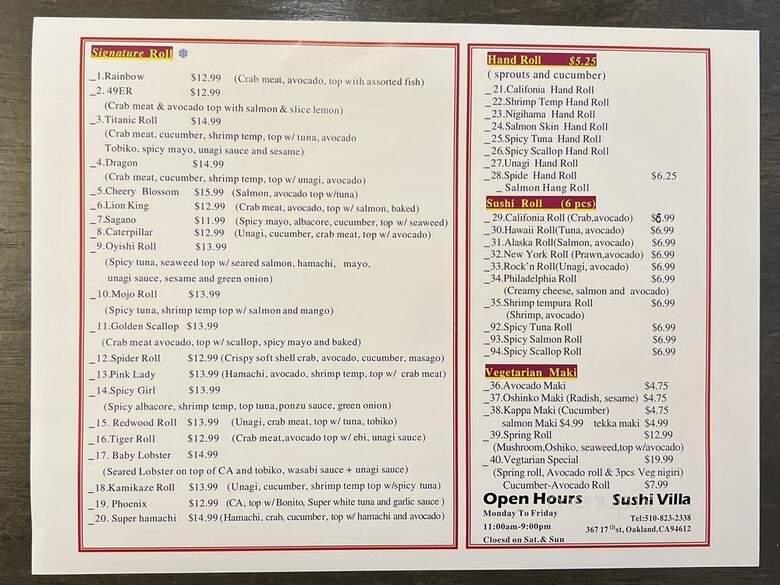 Sushi Villa - Oakland, CA menu_pic