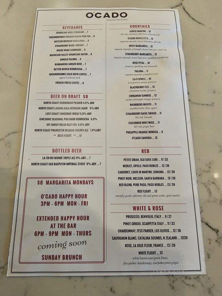 O'Cado Restaurant & Wine Bar - Los Angeles, CA menu_pic