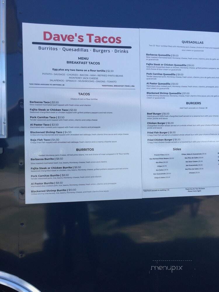 Dave's Tacos - Austin, TX menu_pic