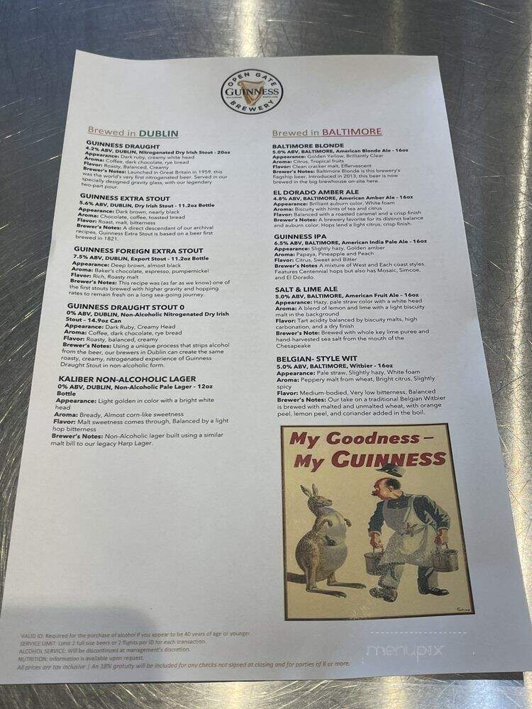 Guinness Open Gate Brewery and Barrel House - Arbutus, MD menu_pic