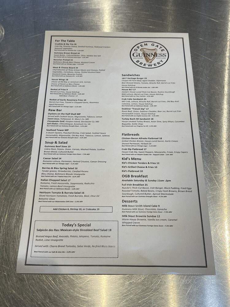 Guinness Open Gate Brewery and Barrel House - Arbutus, MD menu_pic