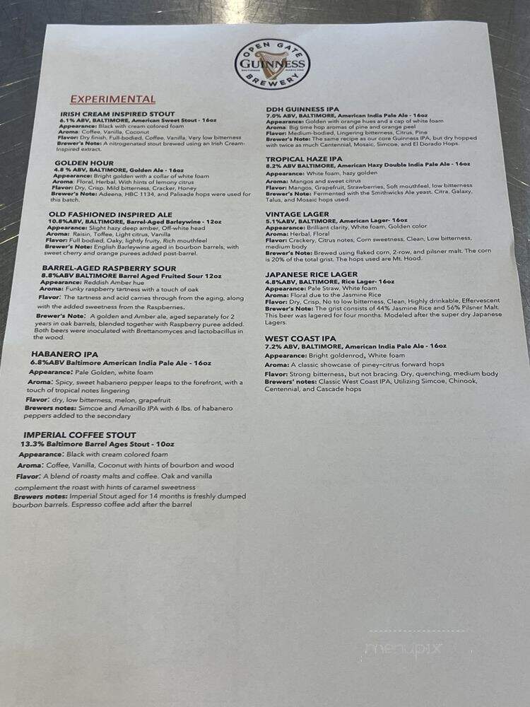 Guinness Open Gate Brewery and Barrel House - Arbutus, MD menu_pic