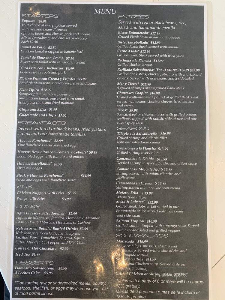 Casa Linda Salvadorian Cuisine - Dallas, TX menu_pic