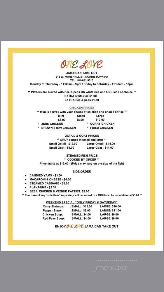 One Love Jamaican Take Out - Norristown, PA menu_pic