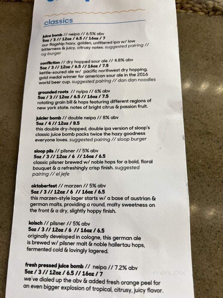 Sloop Brewing At The Factory - Hopewell Junction, NY menu_pic