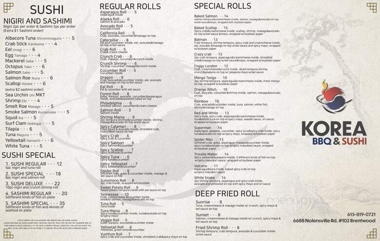 Korea BBQ & Sushi - Brentwood, TN menu_pic