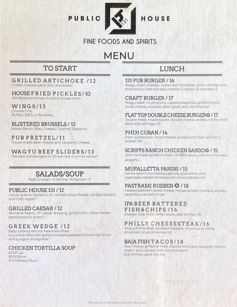 Public House 131 - San Diego, CA menu_pic