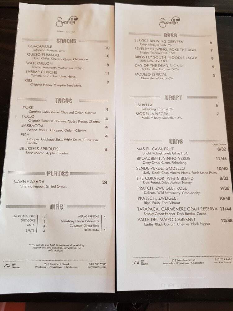 Semilla - Charleston, SC menu_pic