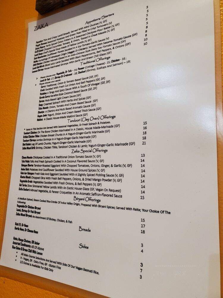 Zaika Indian Cuisine - Colorado Springs, CO menu_pic